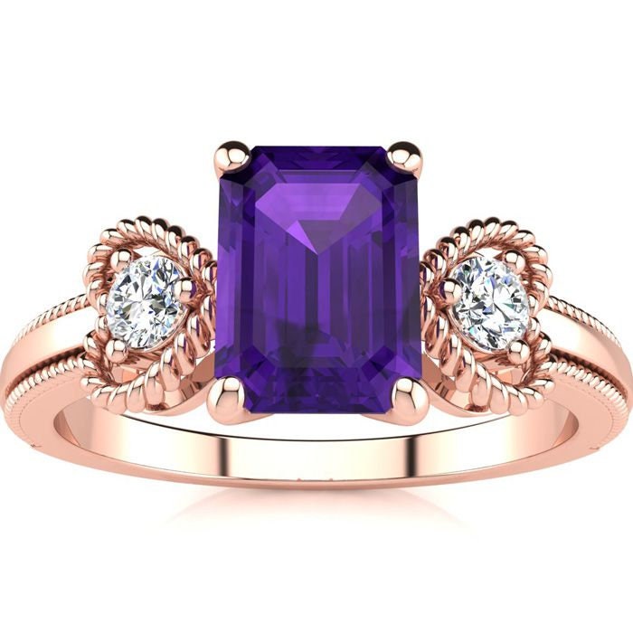 10 Karat Rose Gold 1 Smaragdschliff Amethyst Und Zwei Diamant Herz Ring von 47thStreetJewelry
