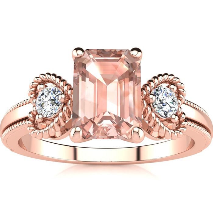 10 Karat Rose Gold 1 Smaragdschliff Morganit Und Zwei Diamant Herz Ring von 47thStreetJewelry
