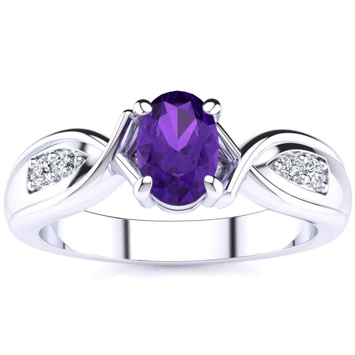10 Karat Weißgold 1 Oval Form Amethyst Und Vier Diamant Ring 10 Karat Weißgold 1 Oval Form Amethyst Und Vier Diamant Ring von 47thStreetJewelry