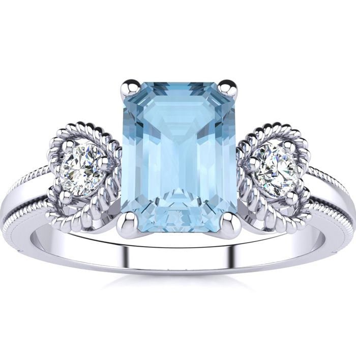 10 Karat Weißgold 1 Smaragdschliff Aquamarin Und Zwei Diamant Herz Ring von 47thStreetJewelry