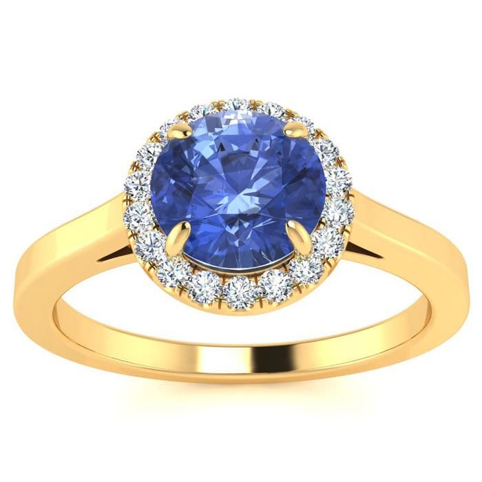 14 K Gelbgold 1 Karat Rundform Tansanit Und Halo Diamant Ring von 47thStreetJewelry