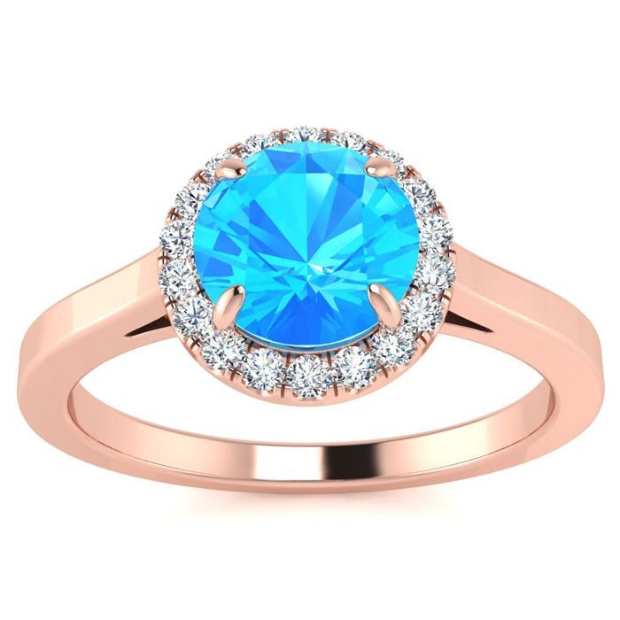 14 K Rose Gold 1 Karat Runde Form Blauer Topas Und Halo Diamant Ring 14 K Rose Gold 1 Karat Runde Form Blauer Topas Und Halo Diamant Ring von 47thStreetJewelry