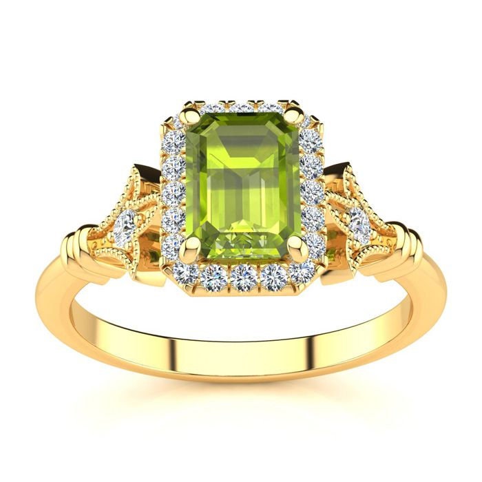 14 Karat Gelbgold 1 1/2 Smaragdschliff Peridot Und Halo Diamant Vintage Ring von 47thStreetJewelry