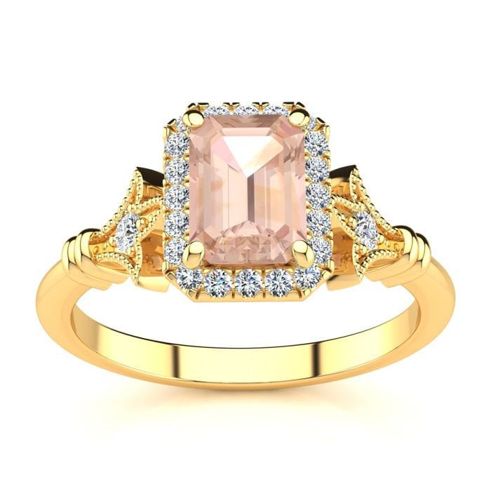 14 Karat Gelbgold 1 Smaragdschliff Morganit Und Halo Diamant Vintage Ring von 47thStreetJewelry