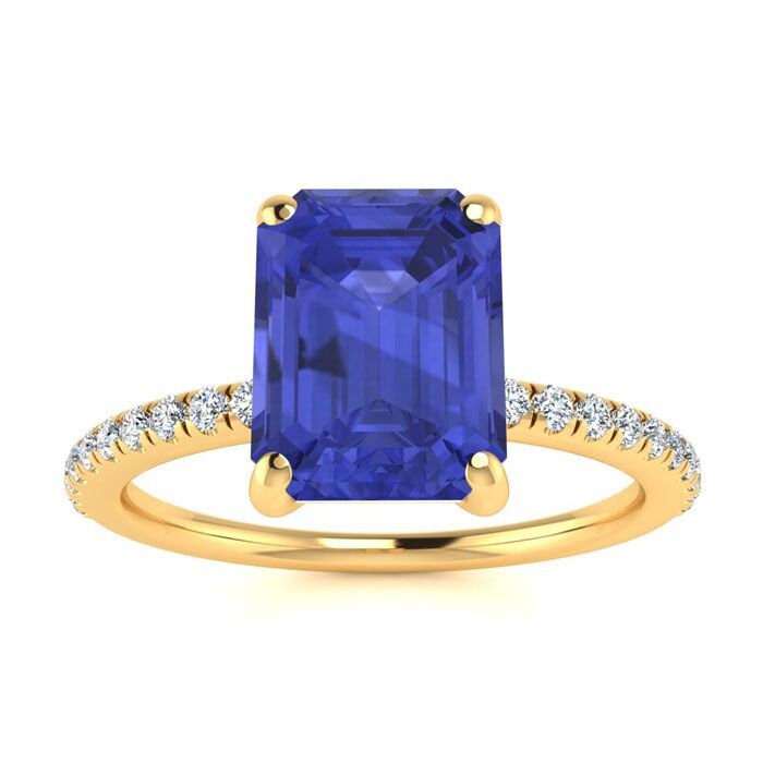 14 Karat Gelbgold 2 Smaragd Form Tansanit Und Diamant Ring von 47thStreetJewelry