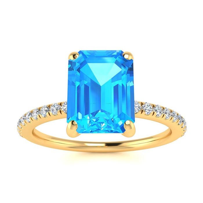 14 Karat Gelbgold 2 Smaragdschliff Blautopas Und Diamant Ring von 47thStreetJewelry