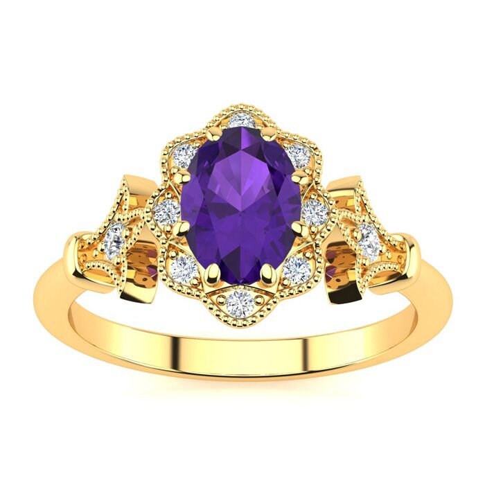14 Karat Gelbgold 3/4 Oval Form Amethyst Und Halo Diamant Vintage Ring von 47thStreetJewelry