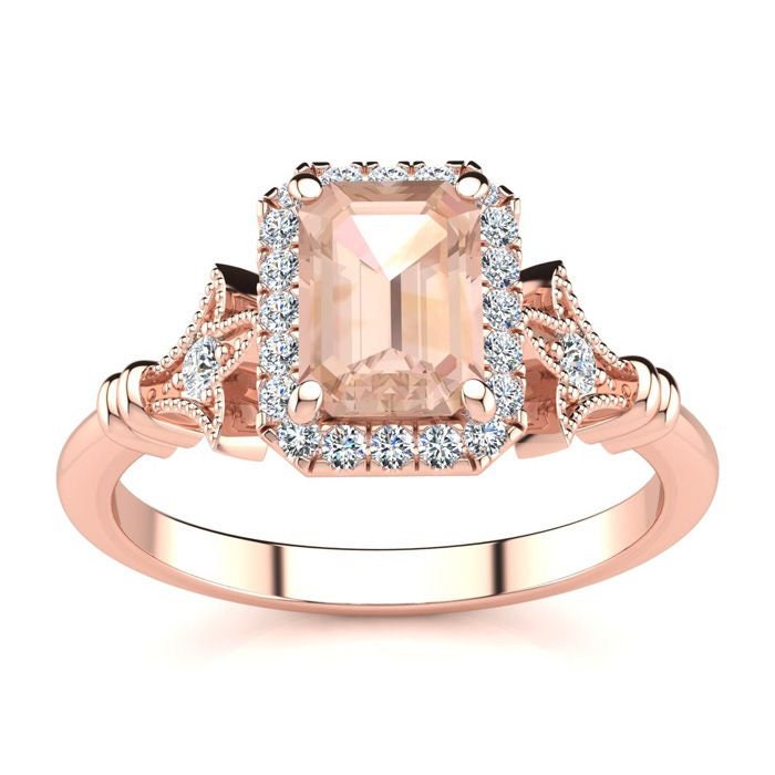 14 Karat Rose Gold 1 Smaragdschliff Morganit Und Halo Diamant Vintage Ring von 47thStreetJewelry