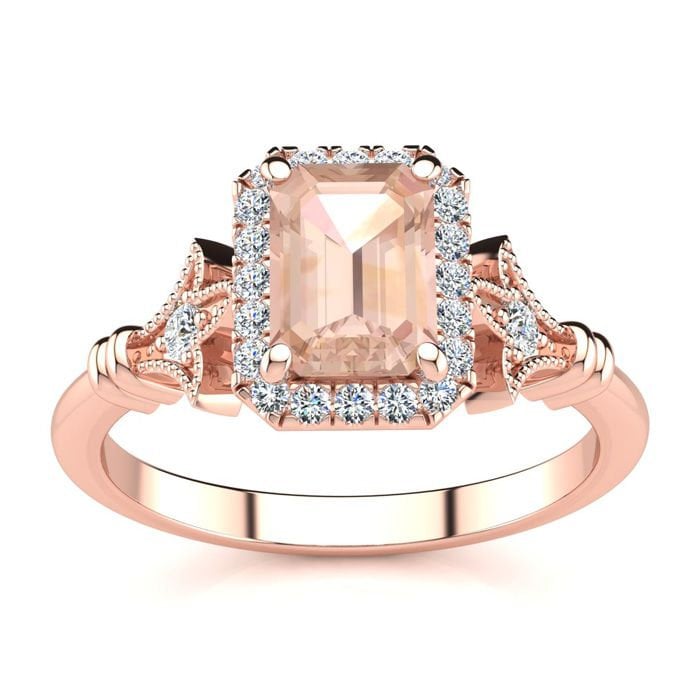 14 Karat Rose Gold 1 Smaragdschliff Morganit Und Halo Diamant Vintage Ring von 47thStreetJewelry