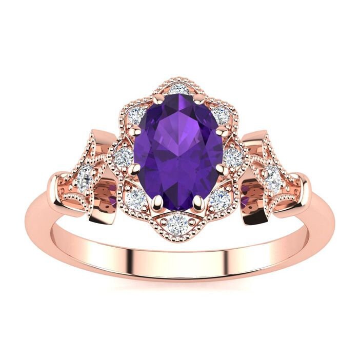 14 Karat Rose Gold 3/4 Oval Form Amethyst Und Halo Diamant Vintage Ring von 47thStreetJewelry
