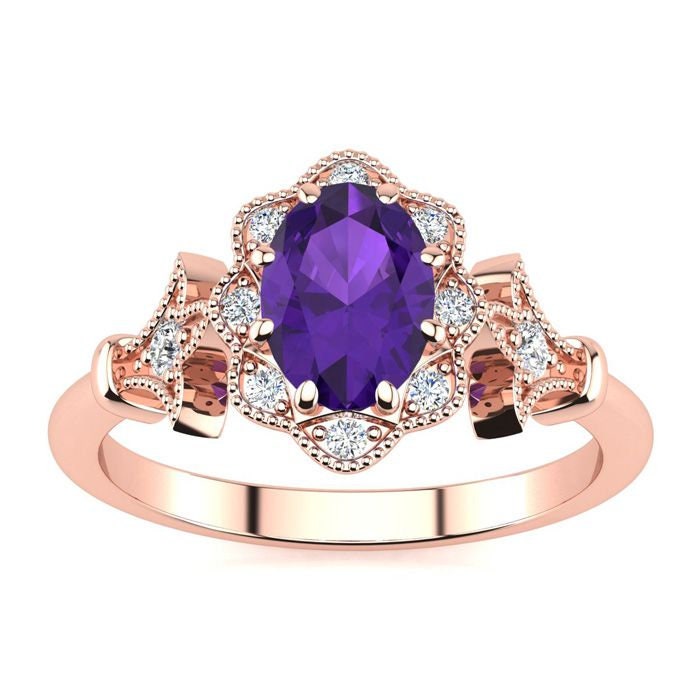 14 Karat Rose Gold 3/4 Oval Form Amethyst Und Halo Diamant Vintage Ring von 47thStreetJewelry