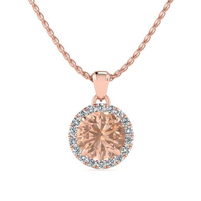 14 Karat Rosegold, 1 Runde Form Morganit Und Halo Diamant Halskette Mit 18 "Kette 14 Karat Rosegold, 1 Runde Form Morganit Und Halo Diamant Halskette Mit 18 "Kette von 47thStreetJewelry