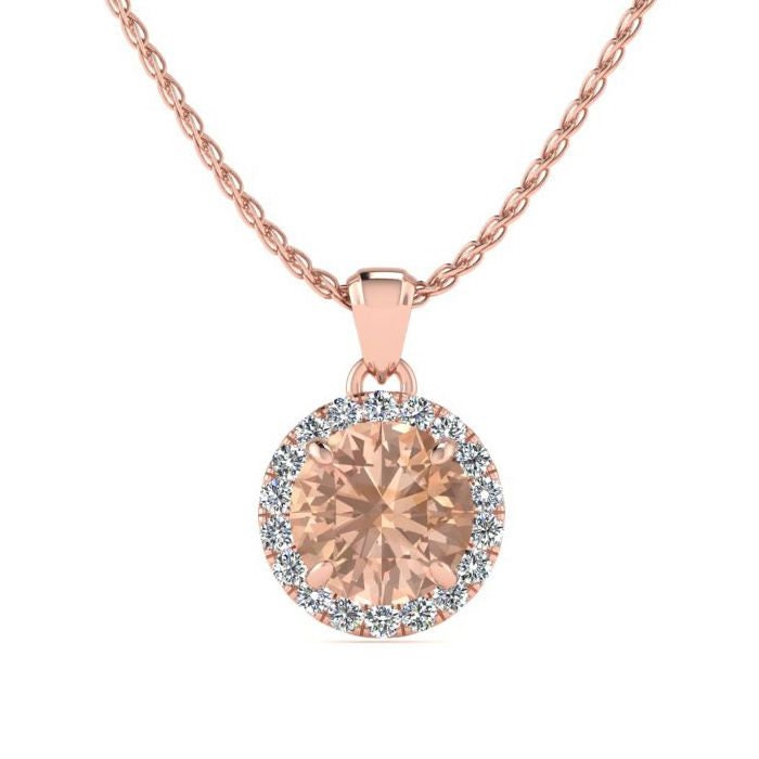14 Karat Rosegold, 1 Runde Form Morganit Und Halo Diamant Halskette Mit 18 "Kette von 47thStreetJewelry