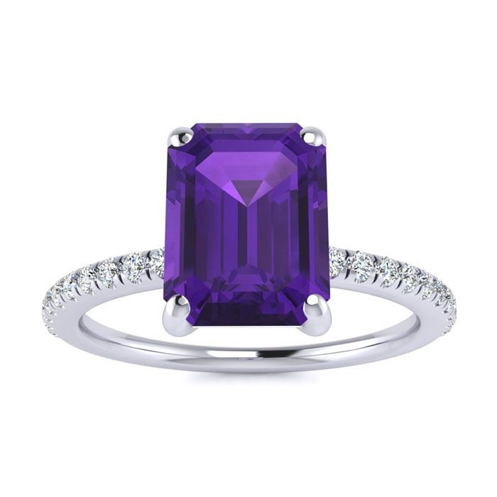 14 Karat Weißgold 1 1/2 Smaragd Form Amethyst Und Diamant Ring von 47thStreetJewelry