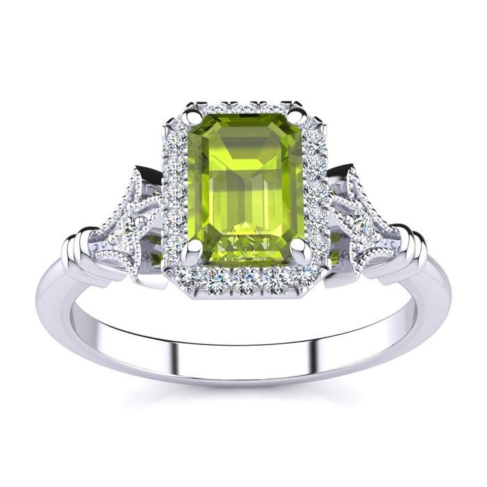 14 Karat Weißgold 1 1/2 Smaragdschliff Peridot Und Halo Diamant Vintage Ring von 47thStreetJewelry