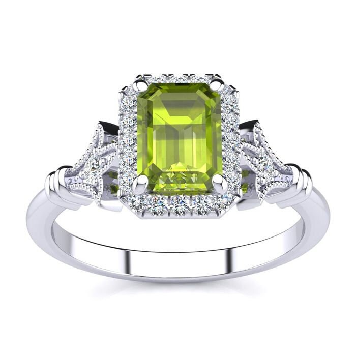 14 Karat Weißgold 1 1/2 Smaragdschliff Peridot Und Halo Diamant Vintage Ring von 47thStreetJewelry