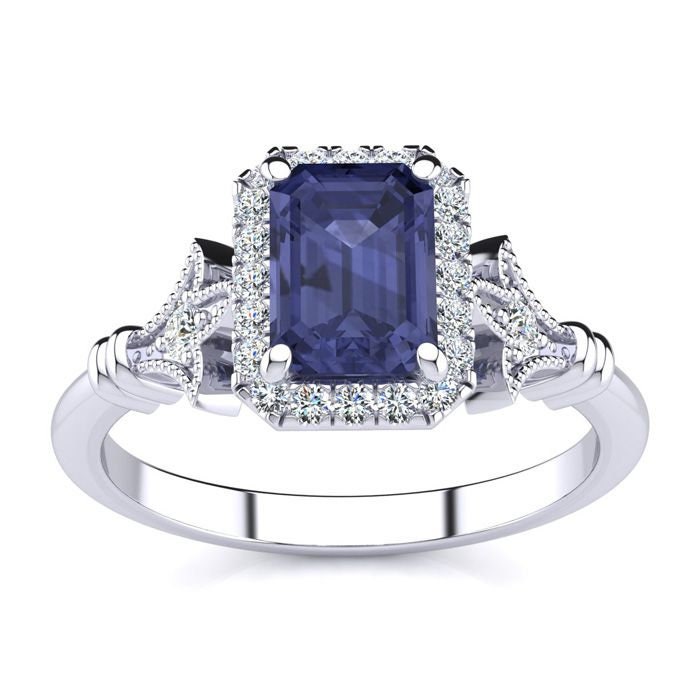 14 Karat Weißgold 1 1/2 Smaragdschliff Tansanit Und Halo Diamant Vintage Ring von 47thStreetJewelry