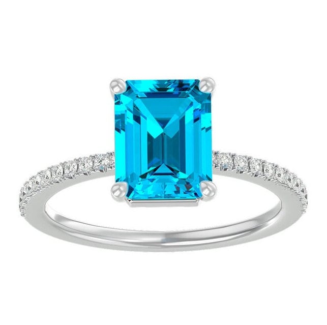 14 Karat Weißgold 2 Smaragdschliff Blautopas Und Diamant Ring von 47thStreetJewelry