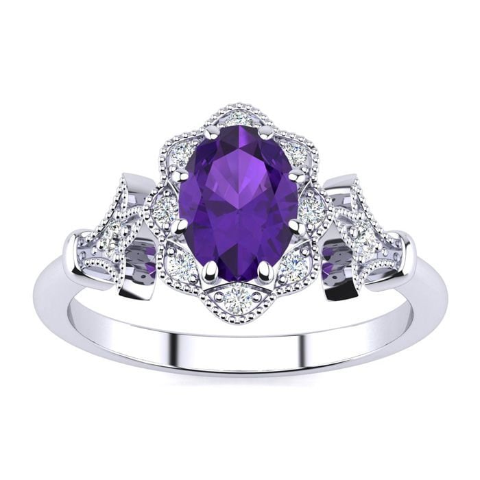 14 Karat Weißgold 3/4 Oval Form Amethyst Und Halo Diamant Vintage Ring von 47thStreetJewelry