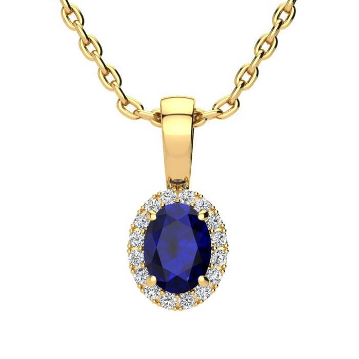14K Gelbgold 0, 67 Ct Oval Saphir Und Halo Diamant Halskette - Erhältlich in Oder 10K von 47thStreetJewelry