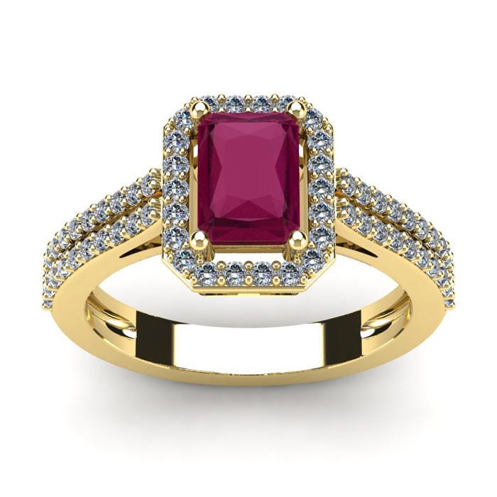 14K Gelbgold 1, 50 Ct Rubin Und Halo Diamant Im Smaragdschliff, Erhältlich in Den Größen 4 - 9, 5 14K Gelbgold 1, 50 Ct Rubin Und Halo Diamant Im Smaragdschliff, Erhältlich in Den Größen 4 - 9, 5 von 47thStreetJewelry