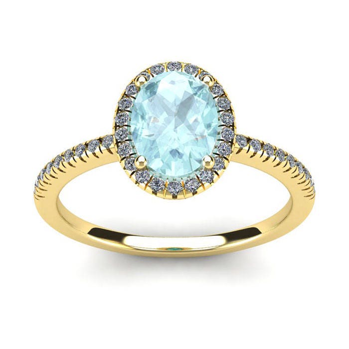 14K Gelbgold 1 1/3 Ct Oval Aquamarin Und Diamant Halo Ring von 47thStreetJewelry
