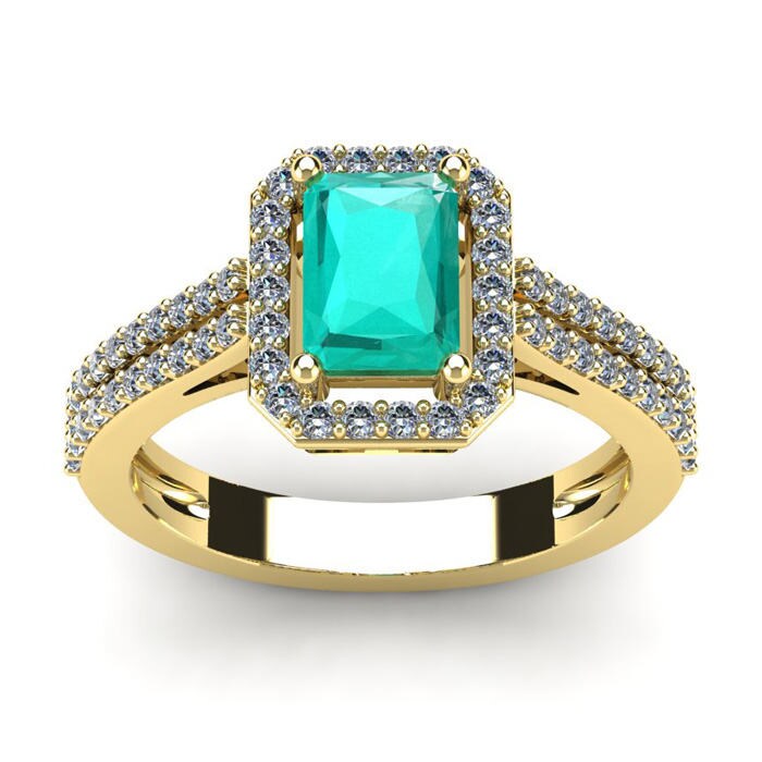 14K Gelbgold 1 1/3 Ct Smaragdschliff Smaragd Und Halo Diamant Ring, Erhältlich in Den Größen 4 - 9, 5 von 47thStreetJewelry