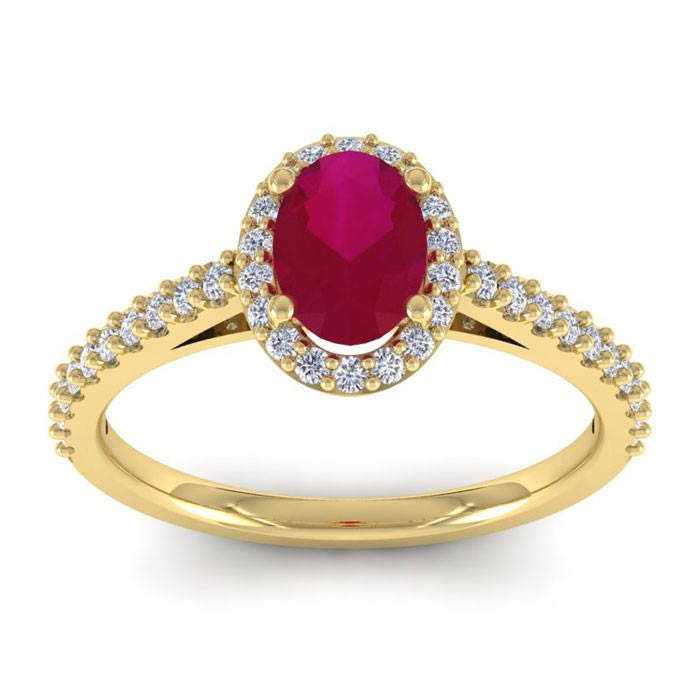 14K Gelbgold 1 1/4 Ct Oval Rubin Und Diamant Halo Ring von 47thStreetJewelry
