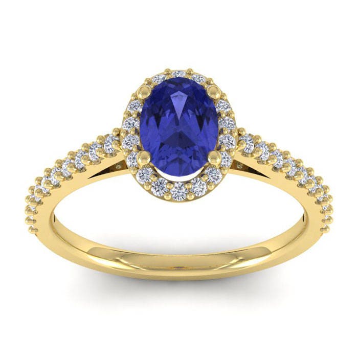 14K Gelbgold 1 1/4 Ct Oval Tansanit Und Diamant Halo Ring von 47thStreetJewelry
