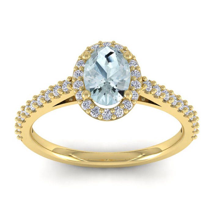 14K Gelbgold 1 Ct Oval Aquamarin Und Diamant Halo Ring von 47thStreetJewelry
