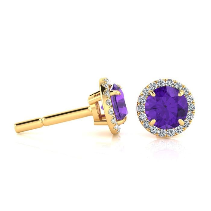 14K Gelbgold 1 Ct Runde Amethyst Und Halo Diamant Ohrringe von 47thStreetJewelry