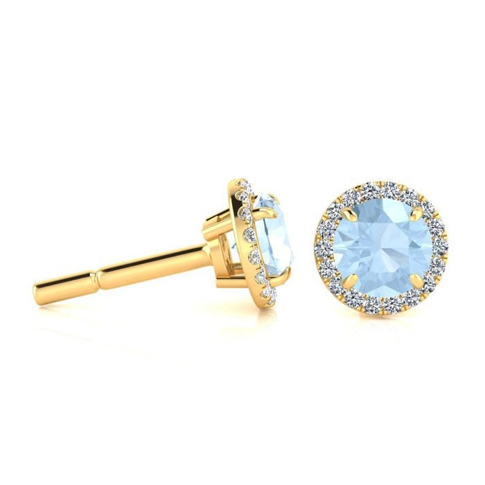 14K Gelbgold 1 Ct Runde Aquamarin Und Halo Diamant Ohrringe von 47thStreetJewelry