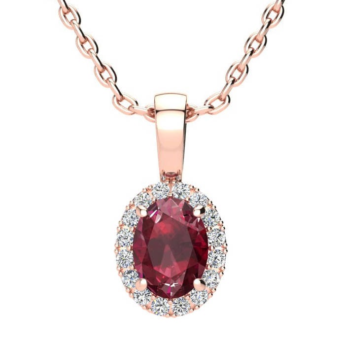 14K Rose Gold 1 Ct Oval Rubin Und Halo Diamant Halskette von 47thStreetJewelry