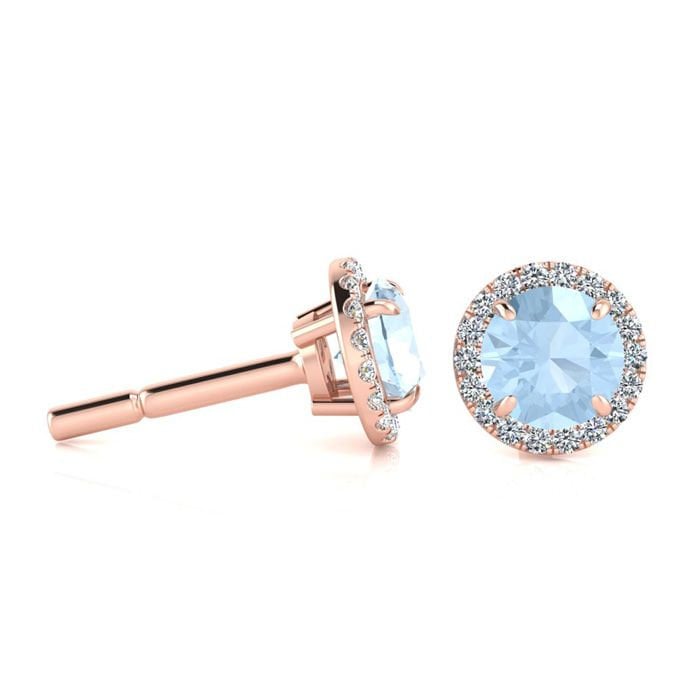 14K Rose Gold 1 Ct Runde Aquamarin Und Halo Diamant Ohrringe von 47thStreetJewelry
