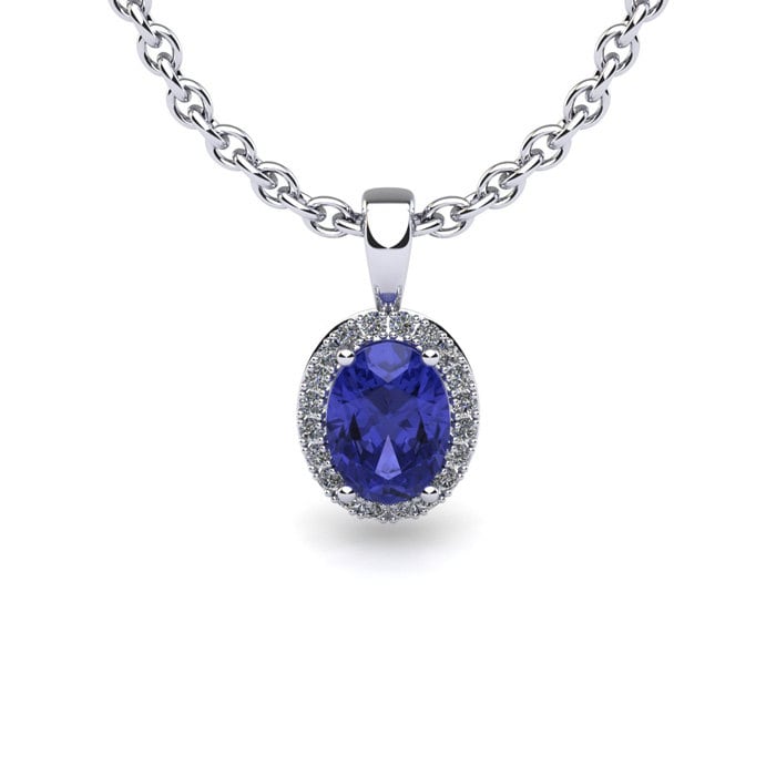 14K Weißgold 0, 67 Ct Oval Tansanit Und Halo Diamant Halskette Mit 18 "Kette, Auch in Gelb Roségold Erhältlich 14K Weißgold 0, 67 Ct Oval Tansanit Und Halo Diamant Halskette Mit 18 "Kette, Auch in Gelb Roségold Erhältlich von 47thStreetJewelry