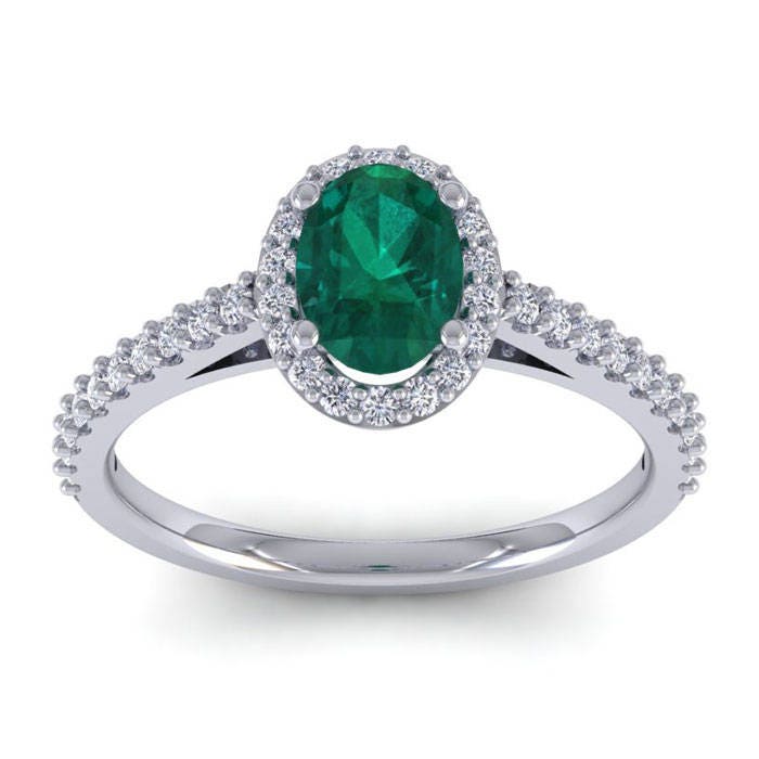 14K Weißgold 1 Ct Oval Smaragd Und Diamant Halo Ring von 47thStreetJewelry