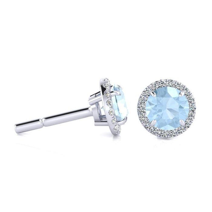 14K Weißgold 1 Ct Runde Aquamarin Und Halo Diamant Ohrringe von 47thStreetJewelry