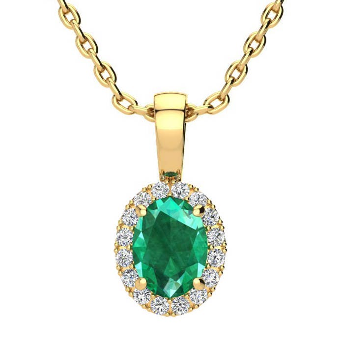 Gelbgold 0, 90 Ct Oval Smaragd Und Halo Diamant Halskette von 47thStreetJewelry