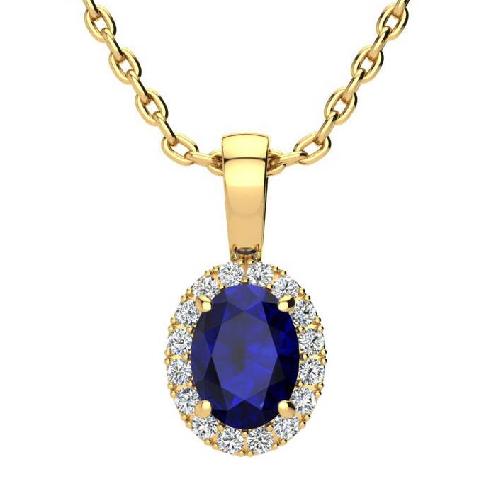 Gelbgold 1 Ct Oval Saphir Und Halo Diamant Halskette - Erhältlich in 14K Oder 10K von 47thStreetJewelry