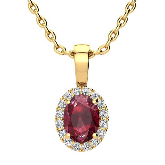 Gelbgold 1 Kt Oval Rubin Und Diamant Halo Halskette von 47thStreetJewelry