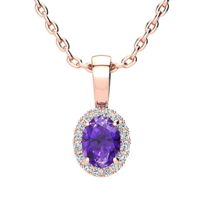 Rosegold 1/2 Karat Oval Form Amethyst Und Halo Diamant Halskette von 47thStreetJewelry