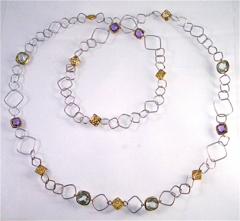 sterling Silber 2-Ton Kissen Form Briolette Cut Grüner Amethyst & Halskette, 30" Lang, 22.85Cts Gesamtgewicht sterling Silber 2-Ton Kissen Form Briolette Cut Grüner Amethyst & Halskette, 30" Lang, 22.85Cts Gesamtgewicht von 47thStreetJewelry