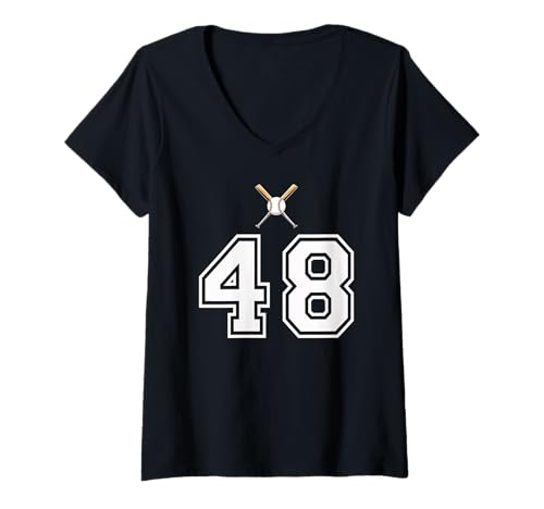 Damen 48 Nummer Baseball Style Vintage Weiß T-Shirt mit V-Ausschnitt Damen 48 Nummer Baseball Style Vintage Weiß T-Shirt mit V-Ausschnitt von 48 Nummer Baseball Style Weiß