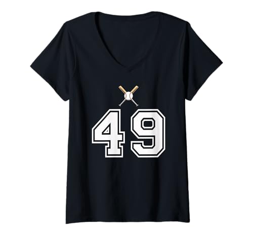 Damen 49 Nummer Baseball Style Vintage Weiß T-Shirt mit V-Ausschnitt Damen 49 Nummer Baseball Style Vintage Weiß T-Shirt mit V-Ausschnitt von 49 Nummer Baseball Style Weiß