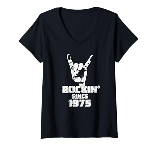 Damen 49 Years Old Rockin' Since 1975 Vintage Rock On Hand Hörner T-Shirt mit V-Ausschnitt Damen 49 Years Old Rockin' Since 1975 Vintage Rock On Hand Hörner T-Shirt mit V-Ausschnitt von 49th Birthday Gifts for Rock Music Lovers