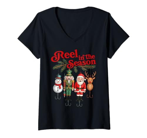 Damen Rolle in der Saison Weihnachtsangeln T-Shirt mit V-Ausschnitt Damen Rolle in der Saison Weihnachtsangeln T-Shirt mit V-Ausschnitt von 4Christmas