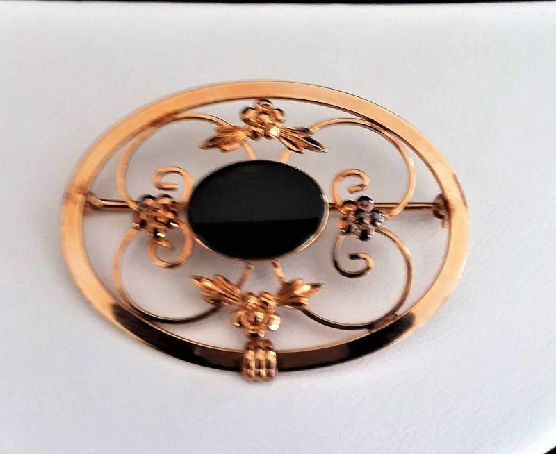 Wunderschöne 1950 Vintage Echt Onyx Goldton Brosche Kostenloser Versand Im Inland von 4EverVintageJewelry