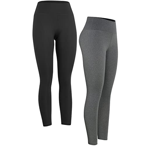 4How Sportleggings Damen 7/8 Blickdichte 2er Pack High-Waist Baumwolle Weich Sporthose für Lässig Yoga Gym Laufhose Size Schwarz+ Grau XL von 4How