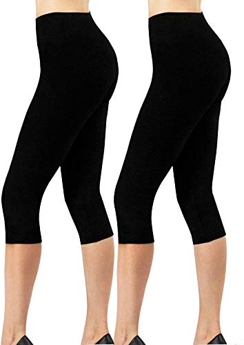 4How Damen Baumwolle Leggings 3/4 Blickdichte Capri Leggings Yoga Sport Leggings Hoher Bund Sporthose Basic Baumwollleggings 2 Pack Schwarz S von 4How