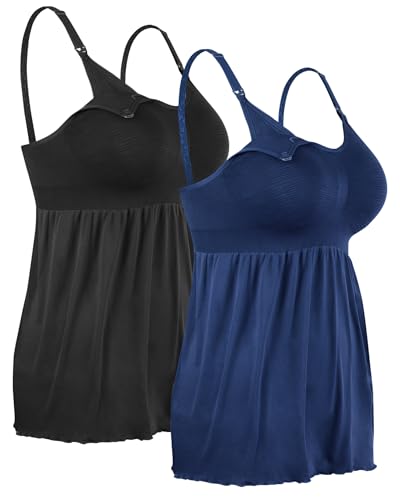 4How 2 Stück Damen Stilltops ohne Bügel Tanktop Unterhemd mit Integriertem BH für Stillen SchlafSchwarz+Blau,XL von 4How
